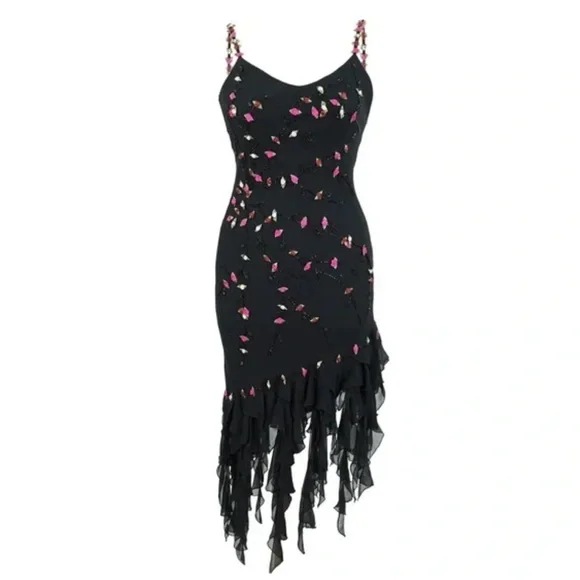 Vintage 90’s Y2K 100% Silk Dress Rose Vintage Beaded Dress Silk Slip Dress Fairy - Picture 15 of 17